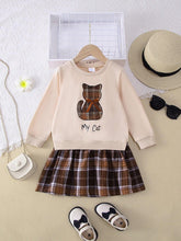 1pc Girls Casual "My Cat" Letter Bow Cat Graphic Soft Knit Long Sleeve Sweatshirt Plaid Dress, Autumn/Winter
